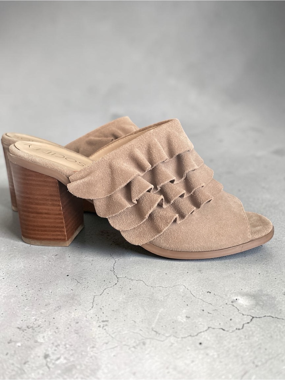 Sole Society Beige Ruffle Suede Block Heel Mules